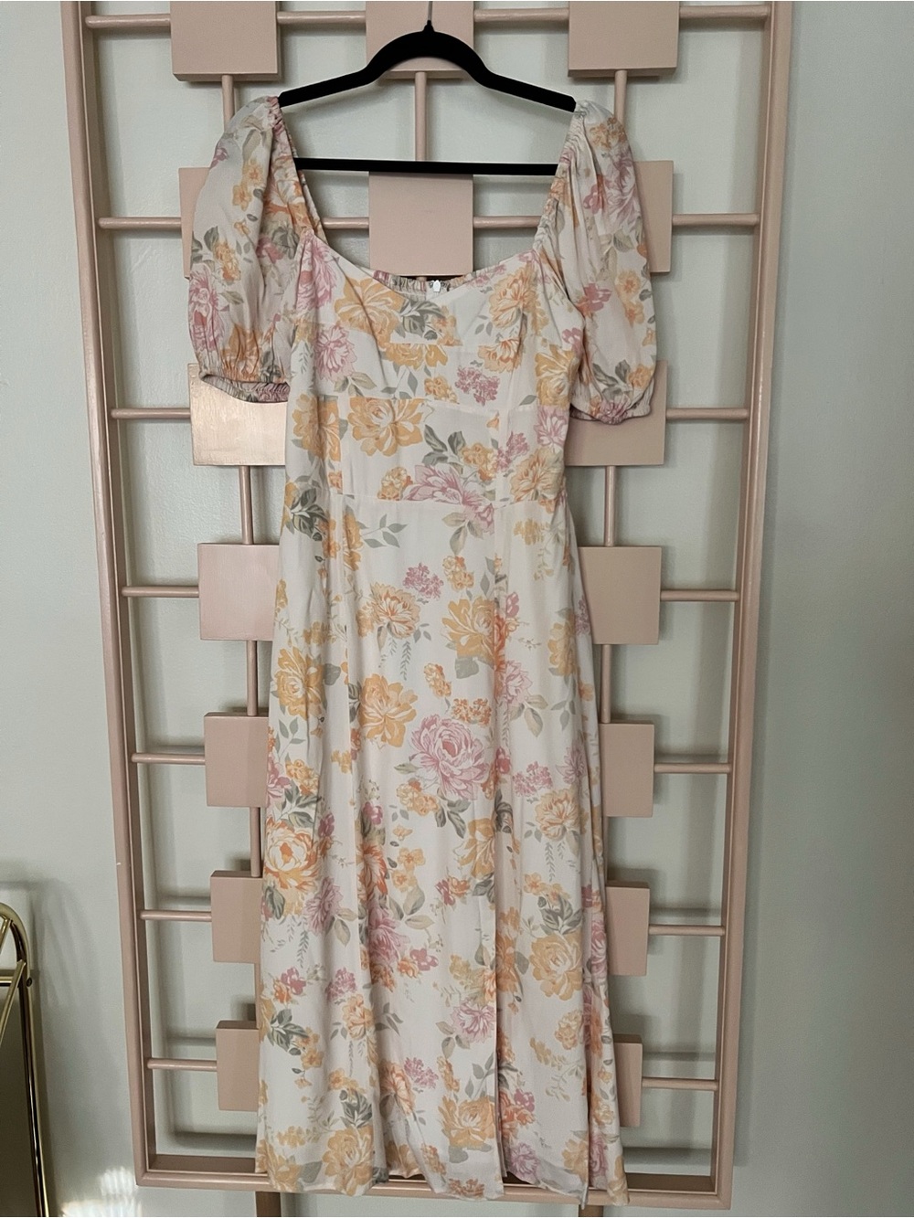 Wayf White Midi Dress with Yellow & Pink Floral Print
